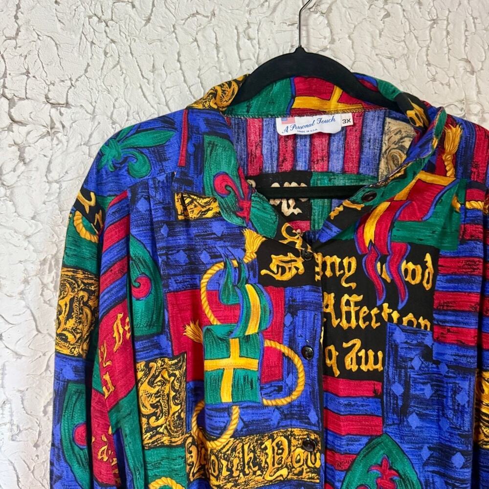 Vintage 90s Patchwork Print Blouse 3X Made in USA Bold Graphic Button Up Plus